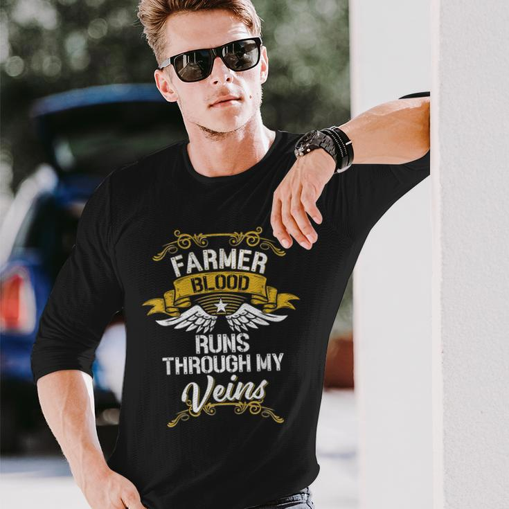 Farmer Blood Runs Through My Veins Long Sleeve T-Shirt Gifts for Him