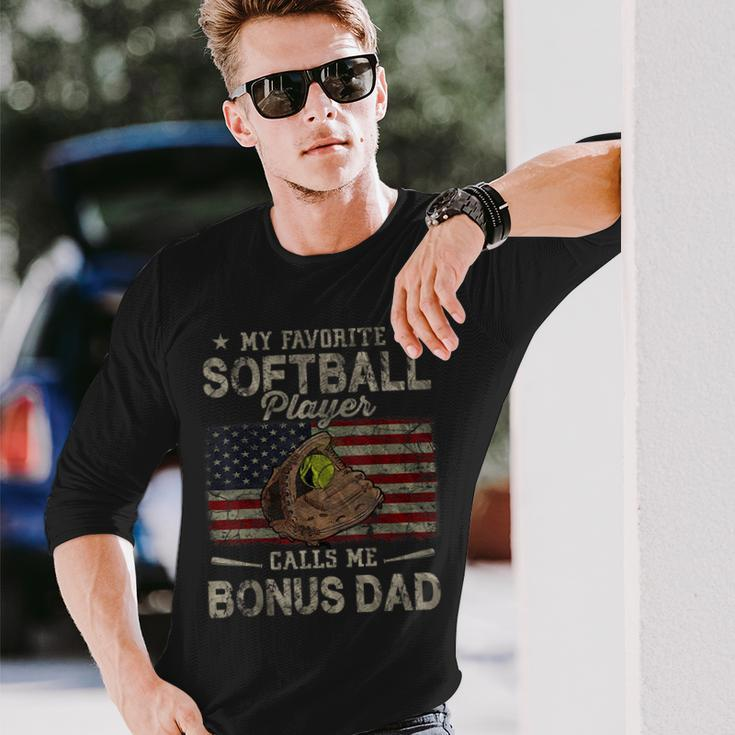 My Favorite Softball Player Calls Me Bonus Dad Fathers Day Long Sleeve T-Shirt Gifts for Him