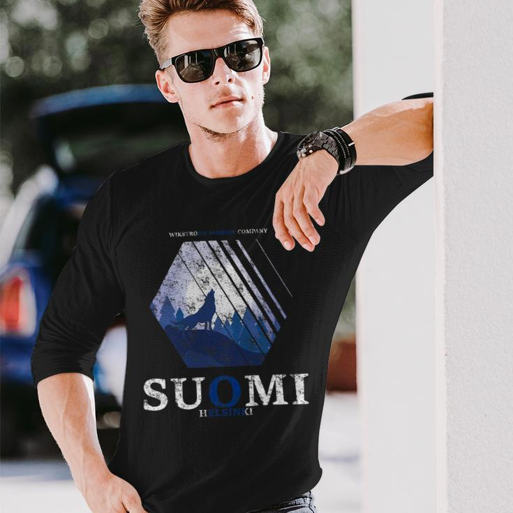 Finland Full Moon Wolf Howling Suomi Flag Used Look Long Sleeve T-Shirt Gifts for Him