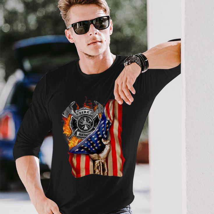 Firefighter American Flag Pride Hand Fire Service Lover Long Sleeve T-Shirt T-Shirt Gifts for Him