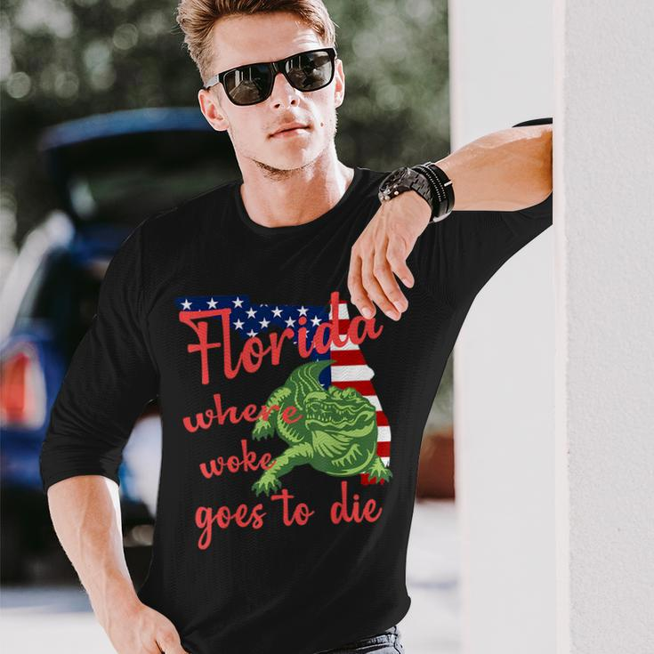 Florida Where Woke Goes To Die American Flag And Alligator Long Sleeve T-Shirt Gifts for Him