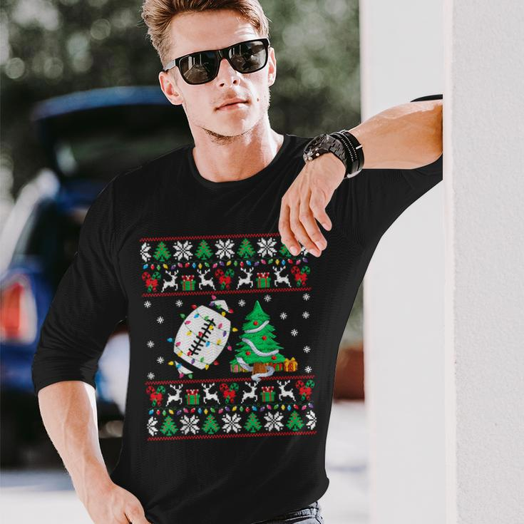 Football Ugly Christmas Sweater Football Player Xmas Lights Long Sleeve T-Shirt Gifts for Him
