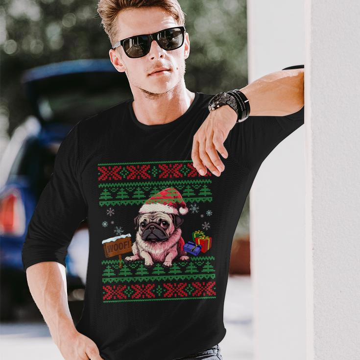 Dog Lovers Cute Pug Santa Hat Ugly Christmas Sweater Long Sleeve T-Shirt Gifts for Him
