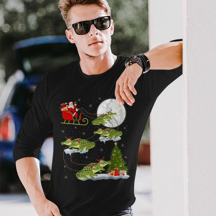 Xmas Lighting Tree Santa Riding Alligator Christmas Long Sleeve T-Shirt Gifts for Him