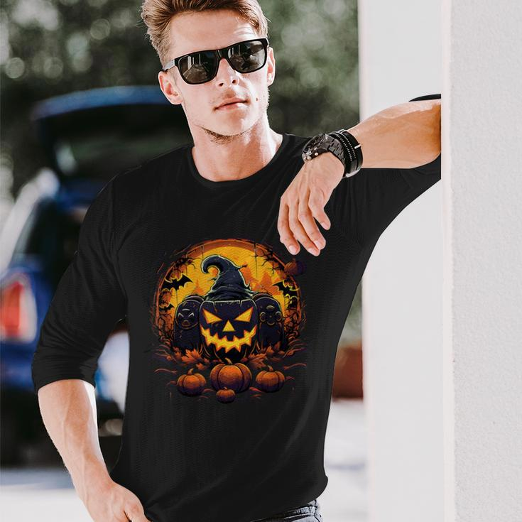 Halloween Scary Gaming Jack O Lantern Pumpkin Face Gamer Long Sleeve T-Shirt Gifts for Him
