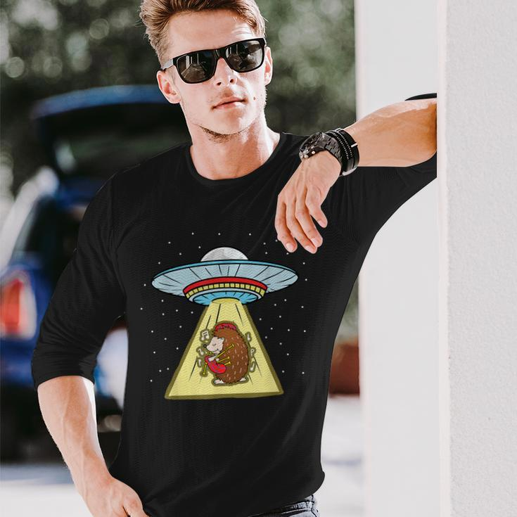 Hedgehog Playing Bagpipe Ufo Abduction Long Sleeve T-Shirt Gifts for Him