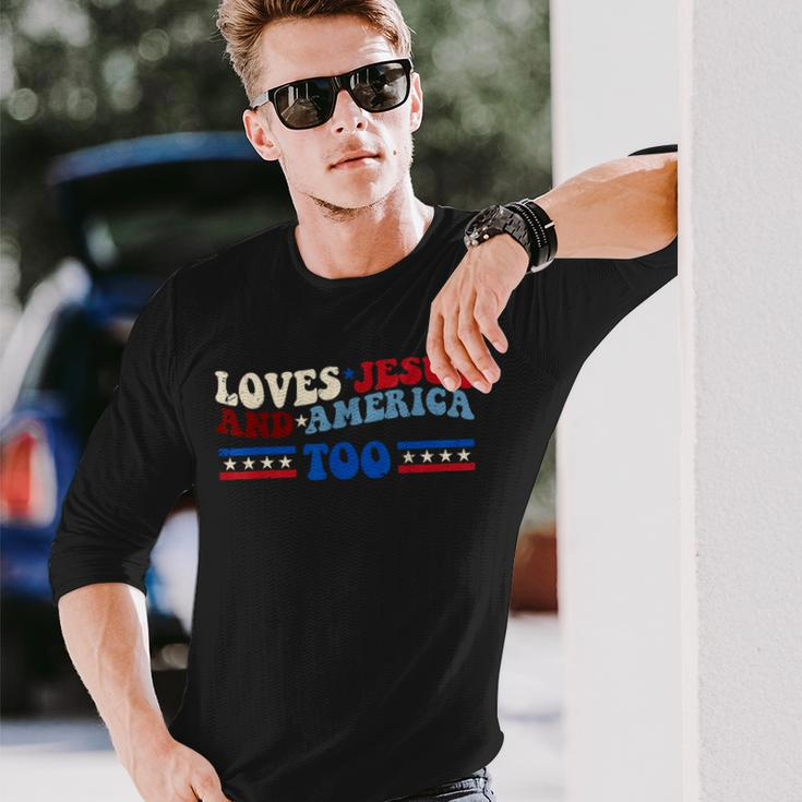 Loves Jesus And America Too Patriotic 4Th Of July Christian Long Sleeve T-Shirt Gifts for Him
