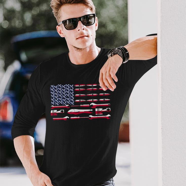 Mechanic Engineer Car Motorcycle Plane Us Flag Patriotic Long Sleeve T-Shirt Gifts for Him