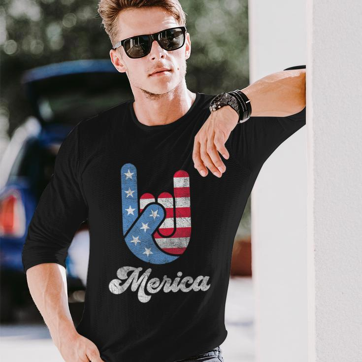 Merica Rock N Roll Hand Red White Blue 4Th Of July Long Sleeve T-Shirt T-Shirt Gifts for Him