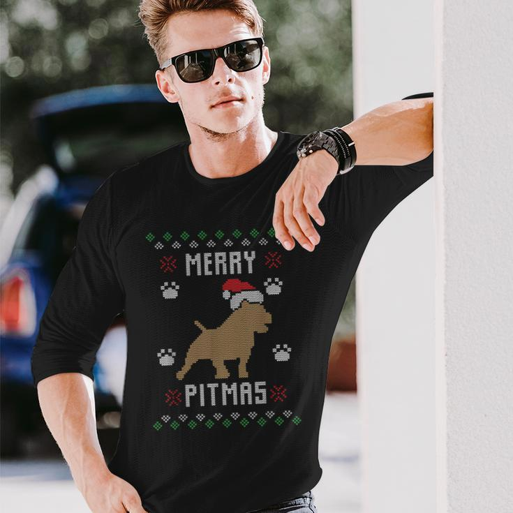 Merry Pitmas Ugly Christmas Sweater Pit Bull Lovers Long Sleeve T-Shirt Gifts for Him