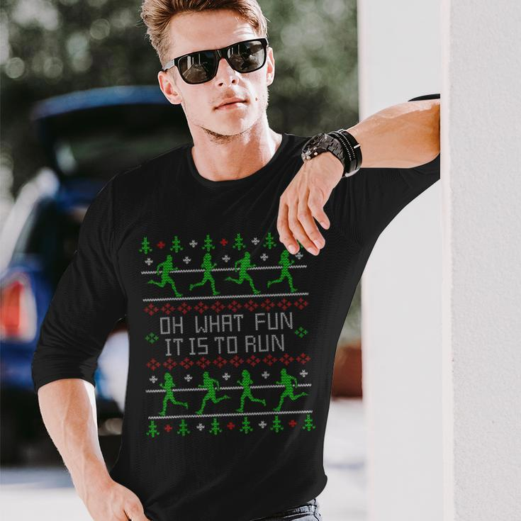 Oh What Fun It Is To Run Ugly Christmas Sweater Party Long Sleeve T-Shirt Gifts for Him