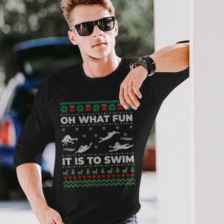 Oh What Fun It Is To Swim Ugly Christmas Sweater Long Sleeve T-Shirt Gifts for Him