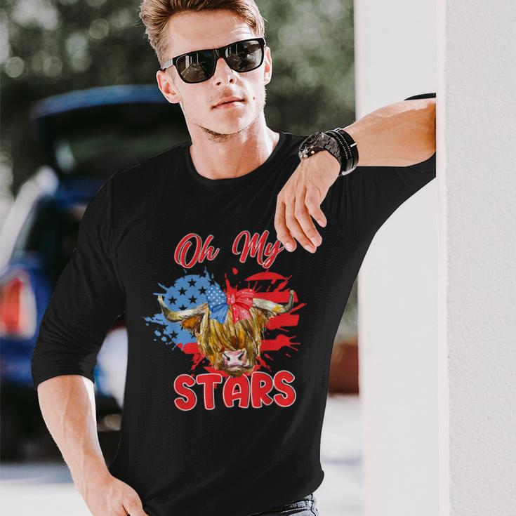 Patriotic Highland Cow Oh My Stars 4Th Of July American Flag Long Sleeve T-Shirt Gifts for Him