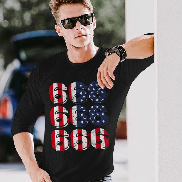 Patriotic Satan American Flag Occult Pentagram Baphomet 666 Long Sleeve T-Shirt Gifts for Him