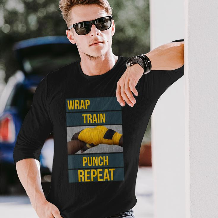 Punchy Graphics Wrap Train Punch Repeat Boxing Kickboxing Long Sleeve T-Shirt Gifts for Him