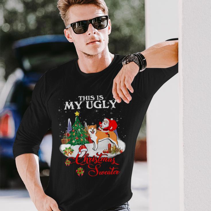 Santa Riding Akita This Is My Ugly Christmas Sweater Long Sleeve T-Shirt Gifts for Him