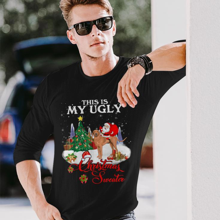 Santa Riding Vizsla This Is My Ugly Christmas Sweater Long Sleeve T-Shirt Gifts for Him
