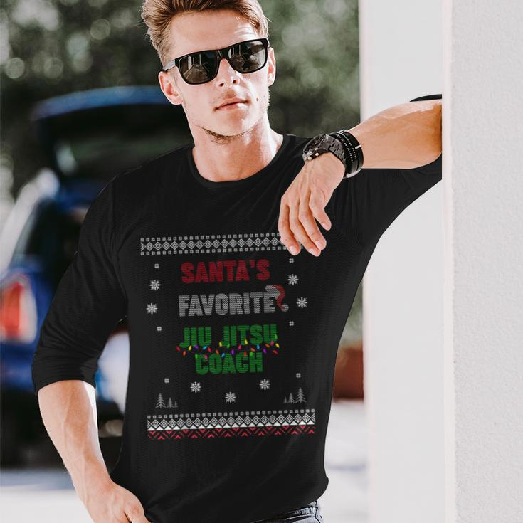 Santa's Favorite Jiu Jitsu Coach Ugly Sweater Christmas Long Sleeve T-Shirt Gifts for Him