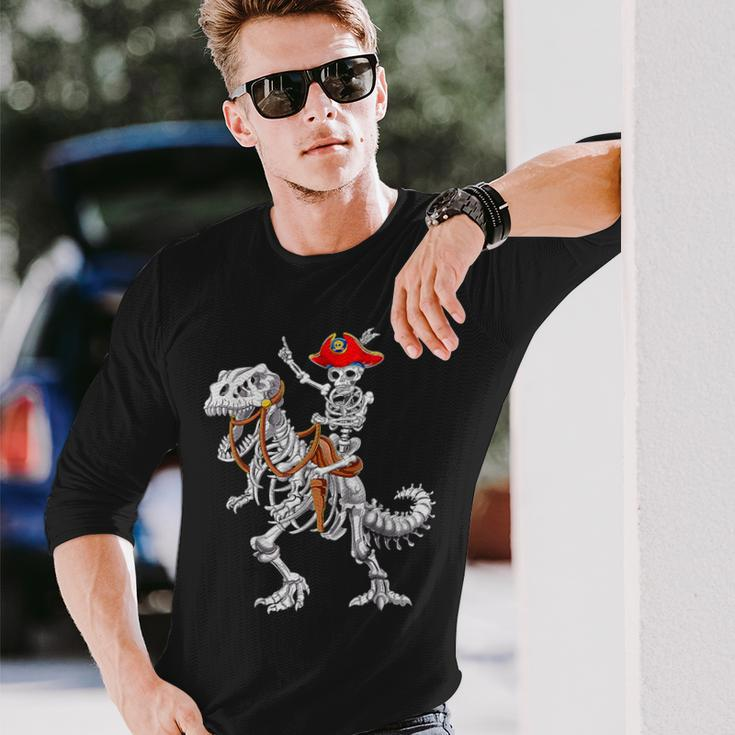 Skeleton Pirate Riding Skeleton Dinosaur Halloween Spooky Long Sleeve T-Shirt Gifts for Him