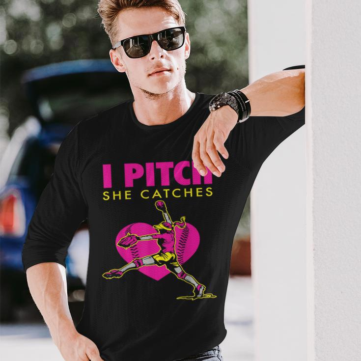 Softball Parent Fan I Pitch She Catches Long Sleeve T-Shirt Gifts for Him