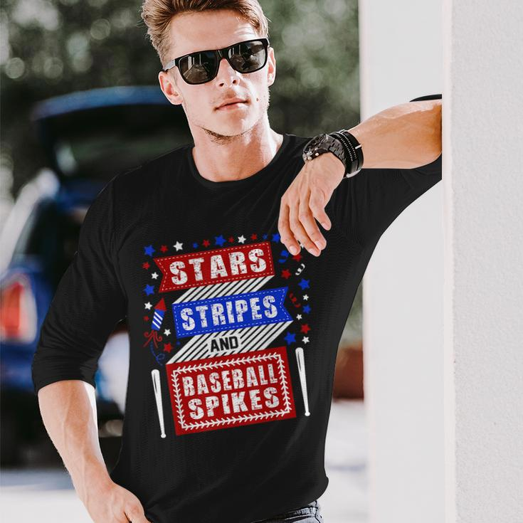 Stripes Stars And Baseball Spikes 4Th Of July Independence Long Sleeve T-Shirt Gifts for Him