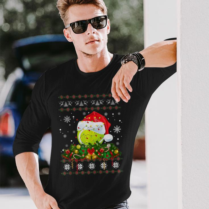 Tennis Ugly Sweater Christmas Pajama Lights Sport Lover Long Sleeve T-Shirt Gifts for Him