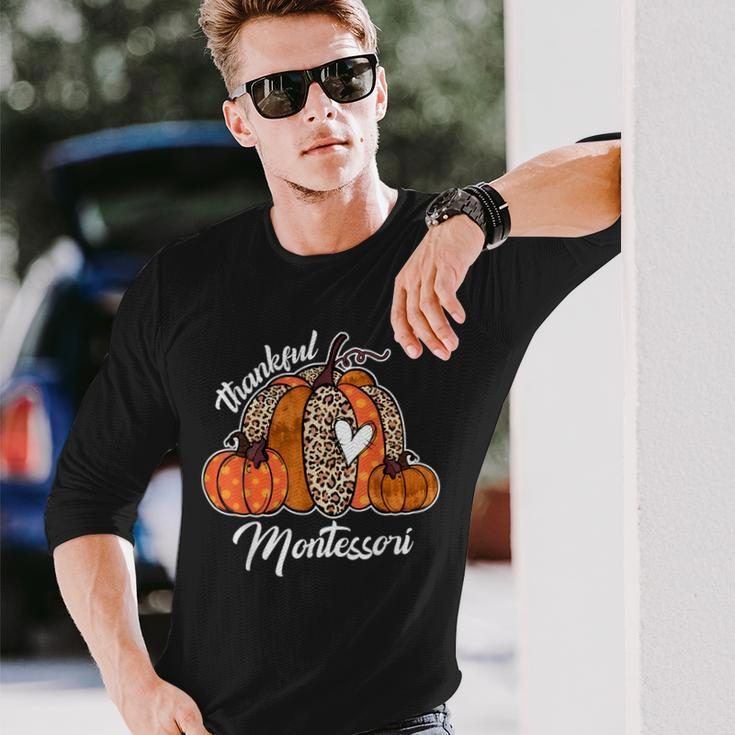 Thankful Montessori Pumpkin Leopard Plaid Thanksgiving Day Long Sleeve T-Shirt Gifts for Him