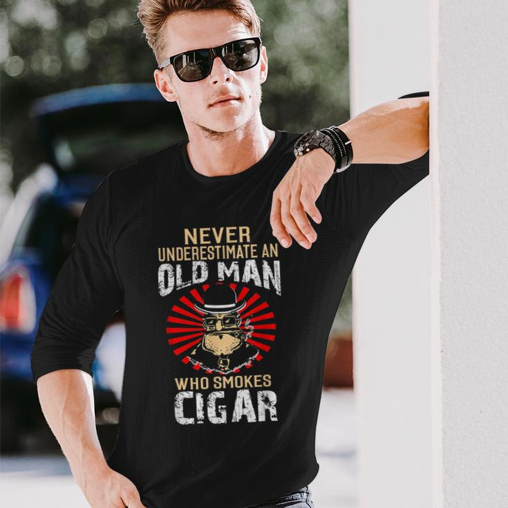 Never Underestimate An Old Man Who Smokes Cigar Long Sleeve T-Shirt Gifts for Him