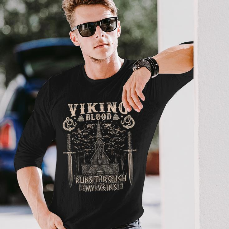 Viking Blood Runs Through My Veins Viking Church Long Sleeve T-Shirt Gifts for Him