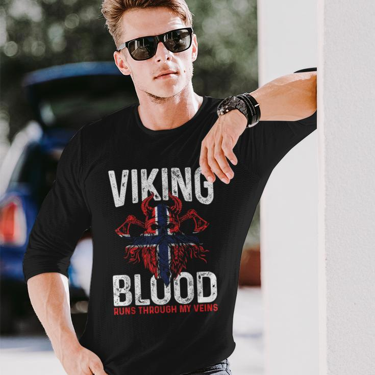 Viking Blood Runs Through My Veins Norwegian Roots Pride Long Sleeve T-Shirt Gifts for Him
