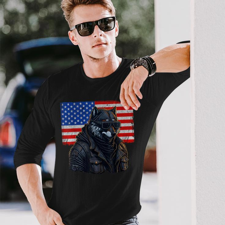 Vintage Patriotic Biker Wolf Shades Rustic American Flag Usa Long Sleeve T-Shirt T-Shirt Gifts for Him