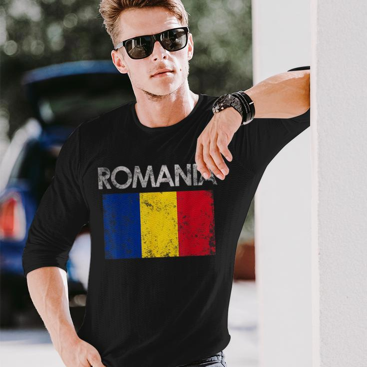 Vintage Romania Romanian Flag Pride Pride Month Long Sleeve T-Shirt Gifts for Him