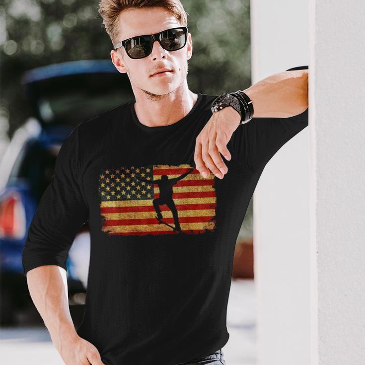 Vintage Us Flag SkateboardingRetro Skateboard Long Sleeve T-Shirt Gifts for Him