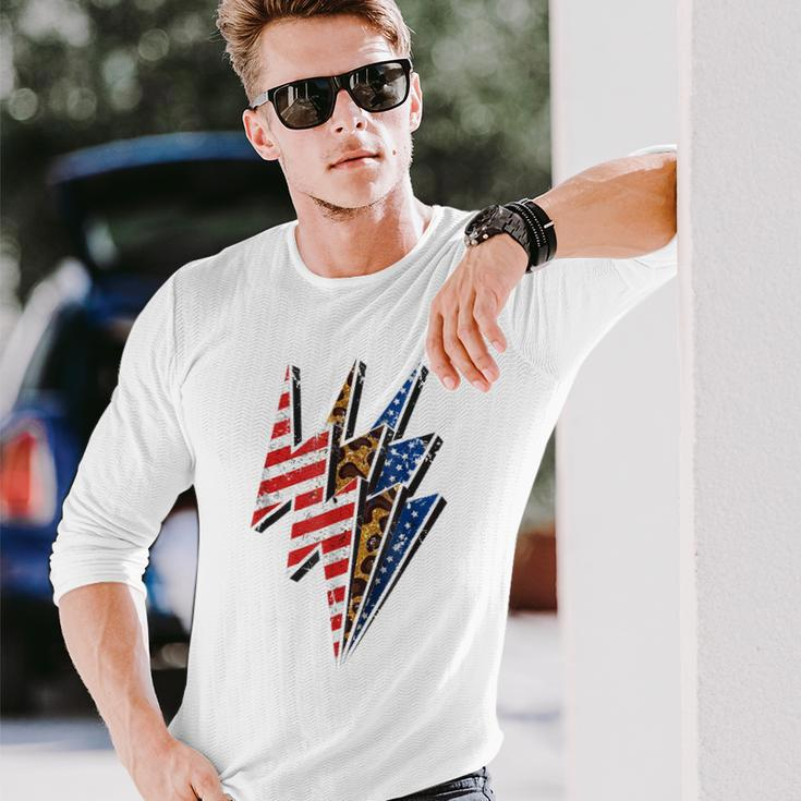 America Leopard Cheetah Lightning Bolt 4Th Of July Patriotic Long Sleeve T-Shirt Gifts for Him