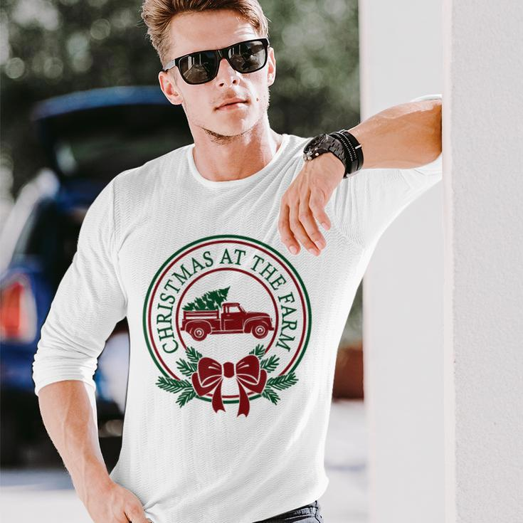 Christmas At The Farm Red Truck Xmas Tree Country Farmhouse Long Sleeve T-Shirt Gifts for Him