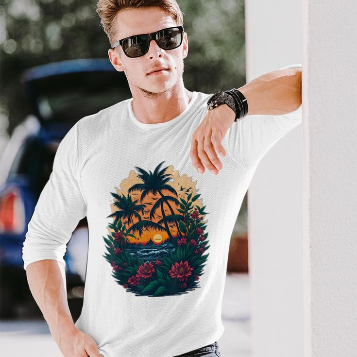 Cute Mountain Sunset Palm Trees Ocean Graphic Long Sleeve T-Shirt Gifts for Him