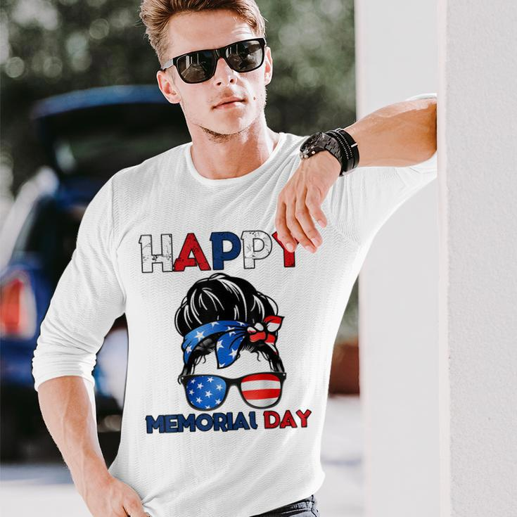 Happy Memorial Day 4Th Of July Messy Bun American Flag Long Sleeve T-Shirt T-Shirt Gifts for Him