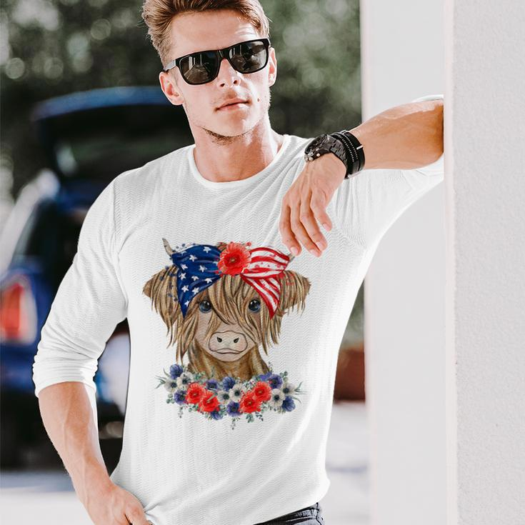 Highland Cow Heifer Bandana American Flag 4Th Of July Long Sleeve T-Shirt Gifts for Him
