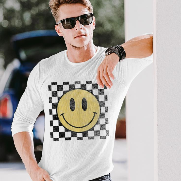 Retro Happy Face 70S Distressed Checkered Pattern Smile Face Long Sleeve T-Shirt Gifts for Him