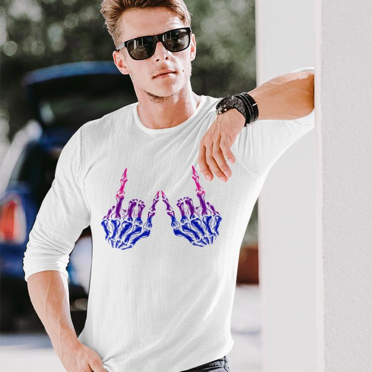 Skeleton Rock Hand Lgbt-Q Cool Bisexual Pride Color Bi Flag Long Sleeve T-Shirt T-Shirt Gifts for Him
