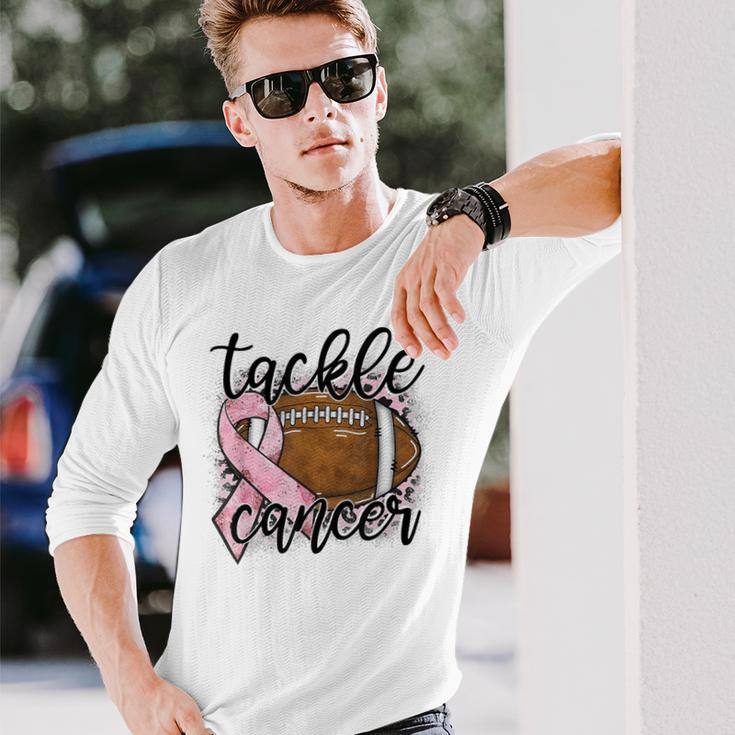 Tackle Breast Cancer Leopard Football Pink Ribbon Awareness Long Sleeve T-Shirt Gifts for Him