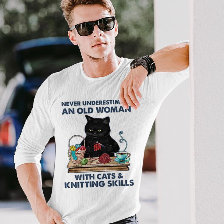 Never Underestimate And Old Woman With Cats And Knitting Long Sleeve T-Shirt Gifts for Him