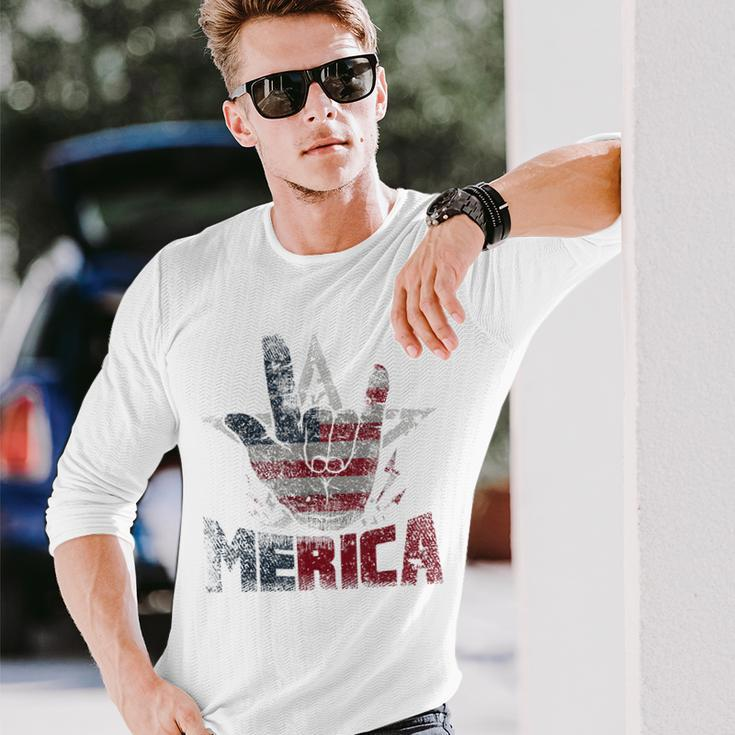 Vintage Merica Rock Sign 4Th Of July Usa Flag Patriotic Long Sleeve T-Shirt T-Shirt Gifts for Him