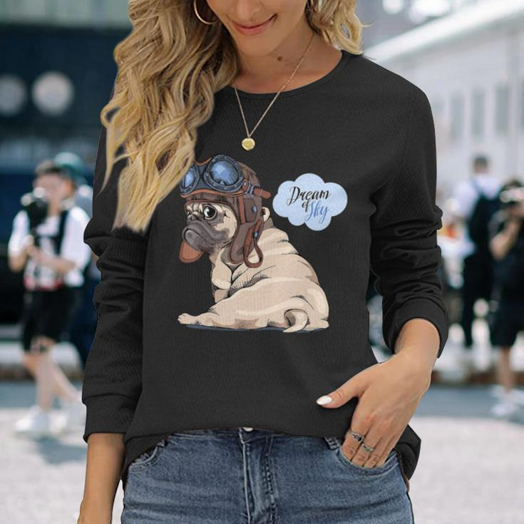 Adorable Beige Puppy Pug In Pilot He Long Sleeve T-Shirt Gifts for Her