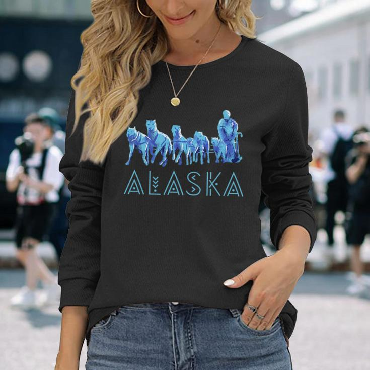 Alaska Sled Dogs Mushing Team Snow Sledding Mountain Scene Long Sleeve T-Shirt Gifts for Her