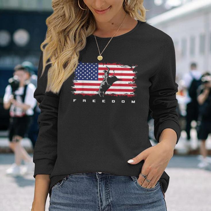 American Flag Bull Riding Apparel Rodeo Rodeo Long Sleeve T-Shirt T ...