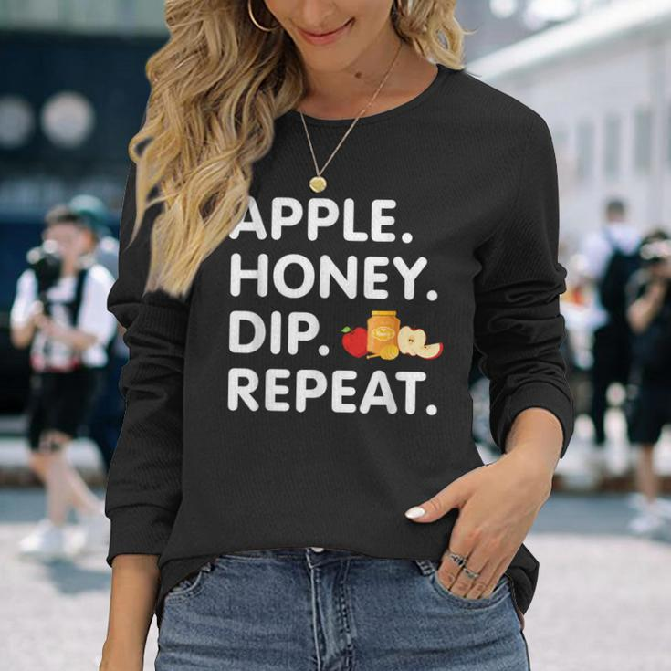 Apple Honey Dip Repeat Rosh Hashanah Jewish New Year Long Sleeve T-Shirt Gifts for Her