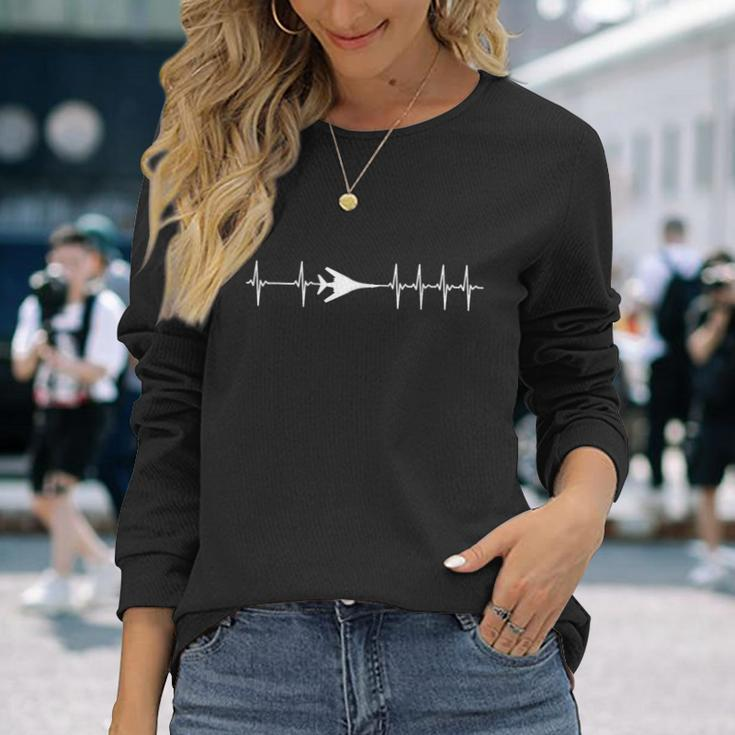 B-1 Lancer Bomber Ecg Heartbeat Airplane Long Sleeve T-Shirt Gifts for Her