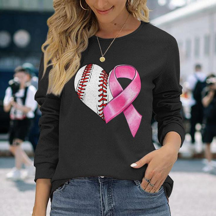 Baseball Heart Pink Ribbon Warrior Breast Cancer Awareness Long Sleeve T-Shirt Gifts for Her
