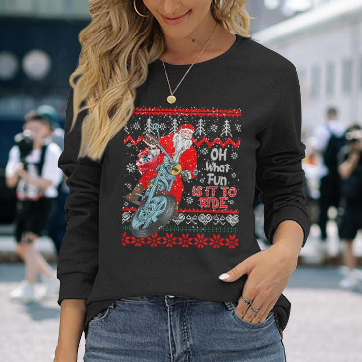 Biker Santa Motorcycle Ugly Christmas Sweater Long Sleeve T-Shirt Gifts for Her